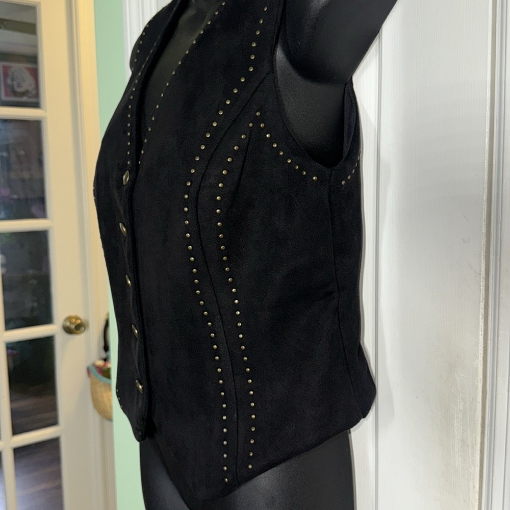 Moa Moa Studded Black Faux Suede Button Vest Biker Western Stylish Size Large - Picture 6 of 9